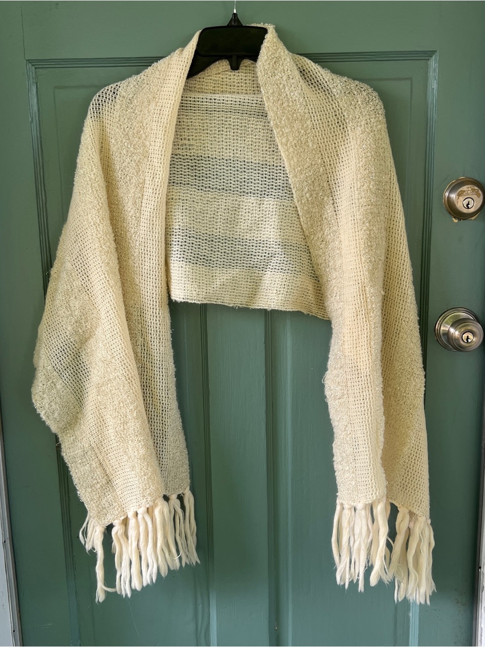 Women vintage ivory Cream knit Shawl  Silver Metallic Thread fringe tassel